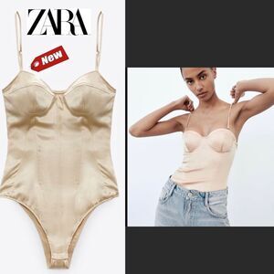 𝅺ZARA satin effect corset bustier bodysuit Sz S NWT biscuit colour